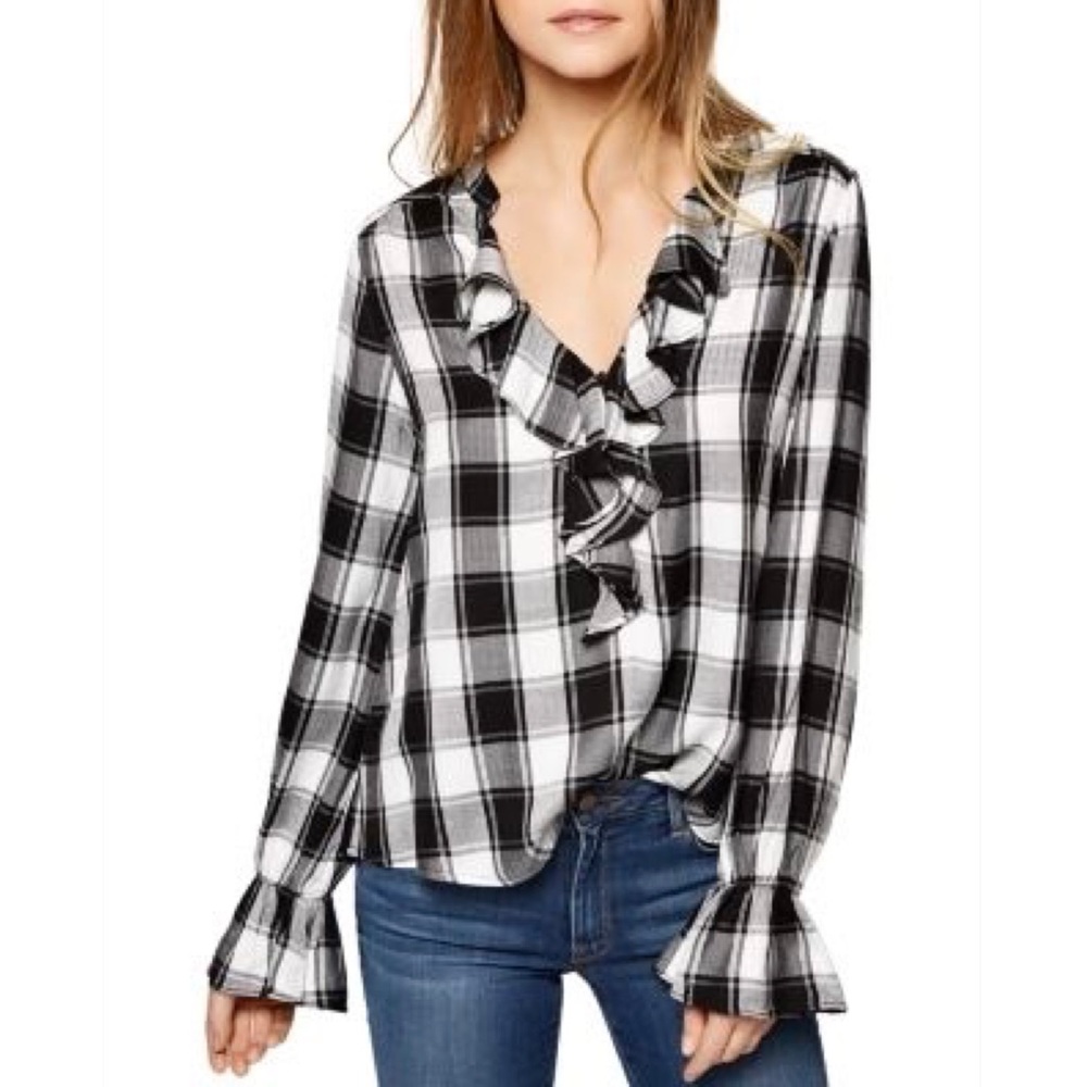 SANCTUARY Maya Plaid Poet Blouse in Black and White Camp Check Size XS